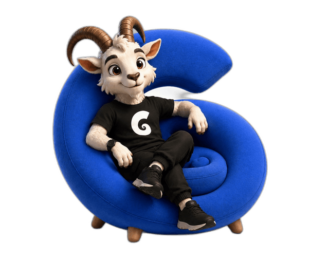 Pogo, the GOAT Elevate mascot, sitting back in a blue chair shaped like the GOAT Elevate logo